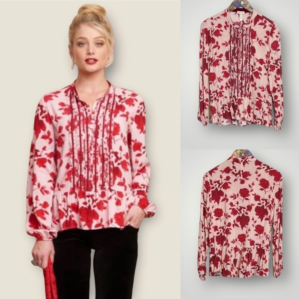 Matilda Jane Miri Pintuck Ruffle Peplum Top Size Medium Long Sleeve Velvet Trim